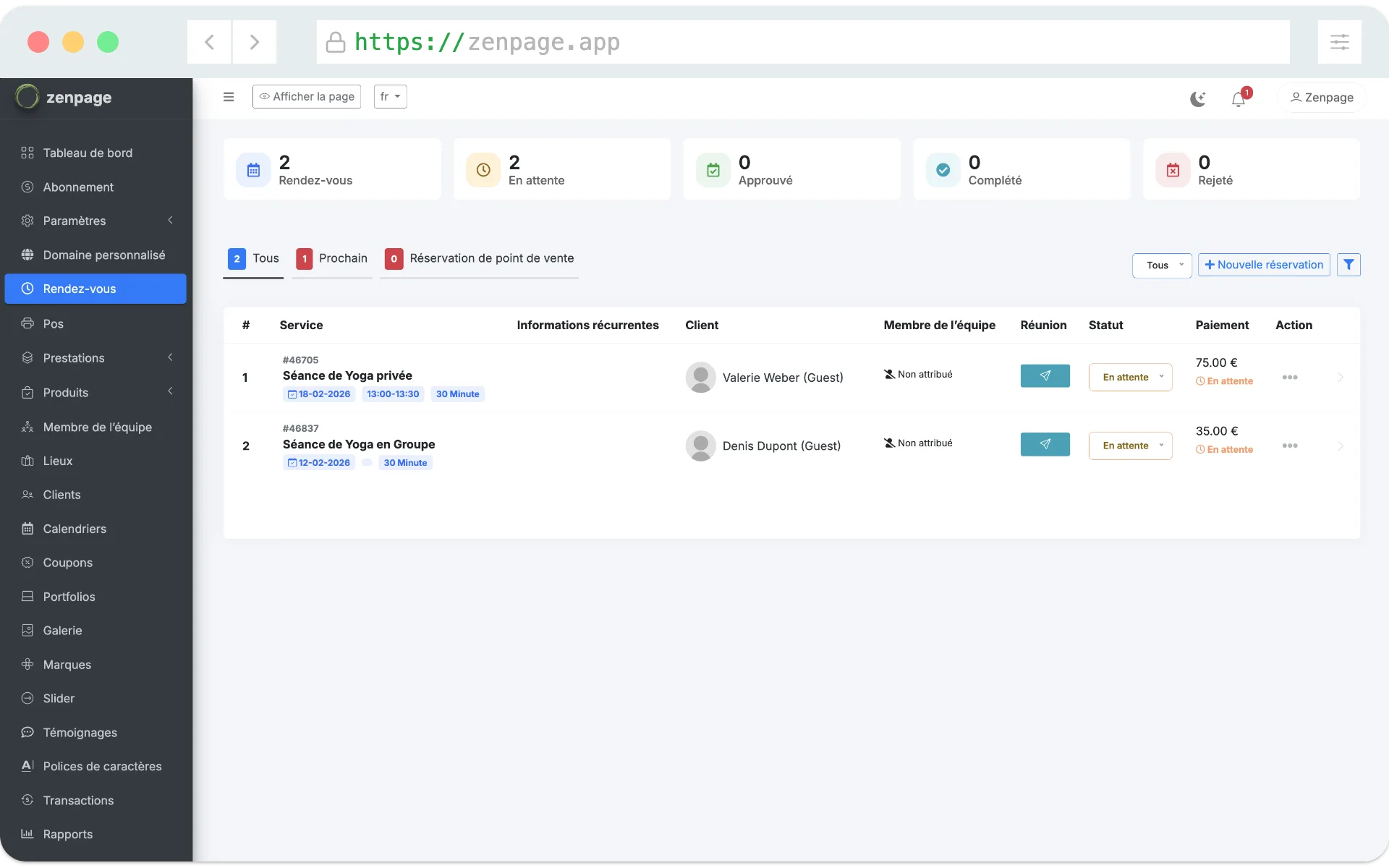 Zenpage dashboard with a therapist's appointment calendar