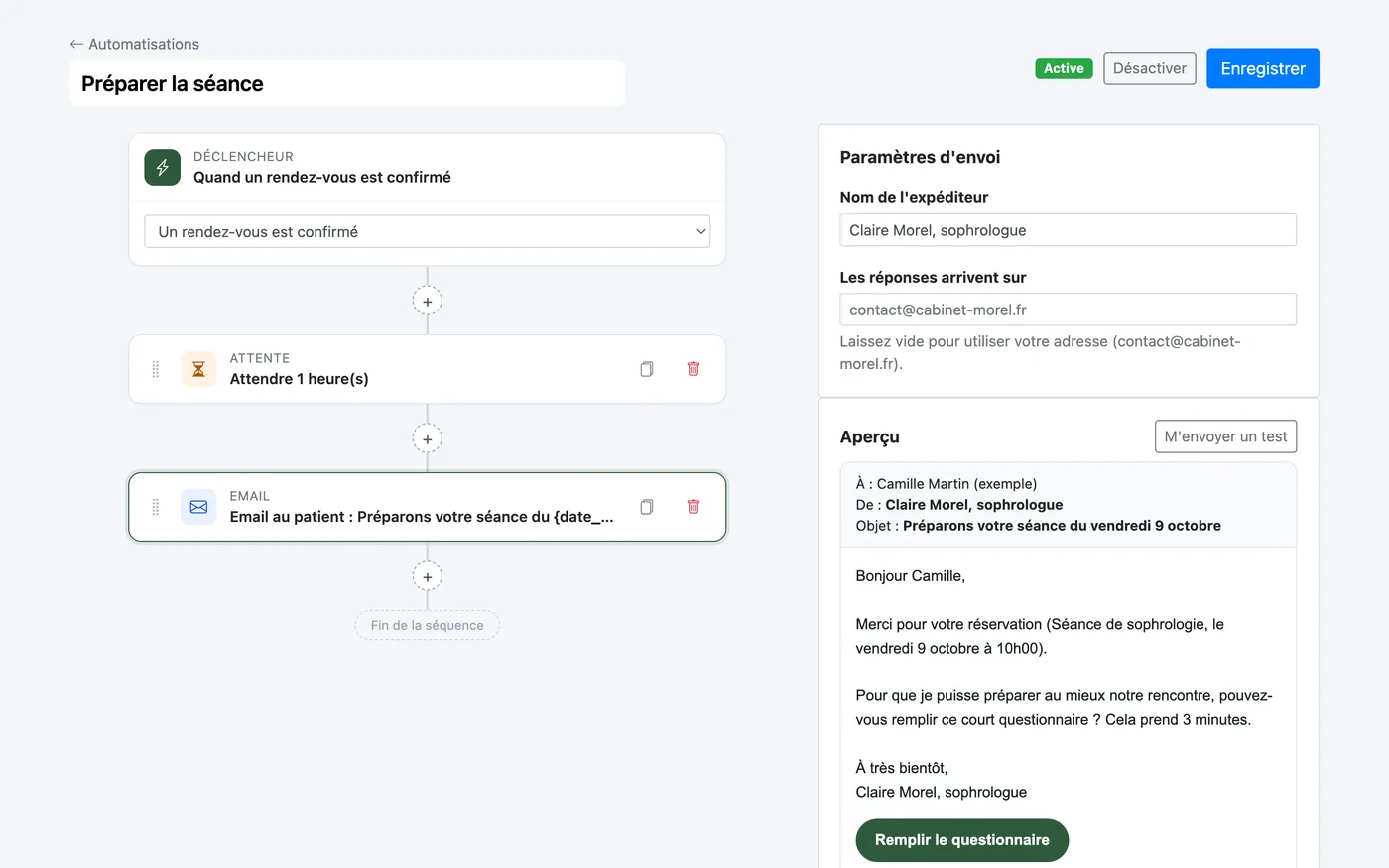 Zenpage automation editor: email sequence sent before a session