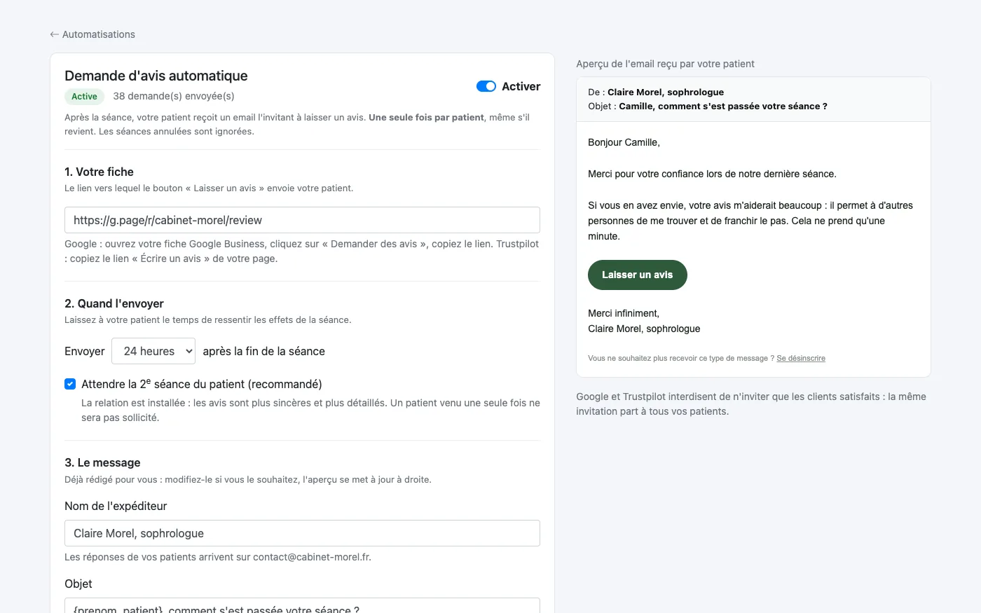 Automatic Google review request sent after the session
