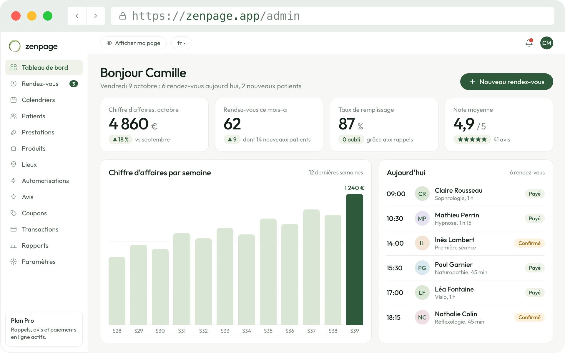Zenpage dashboard: calendar and list of appointments
