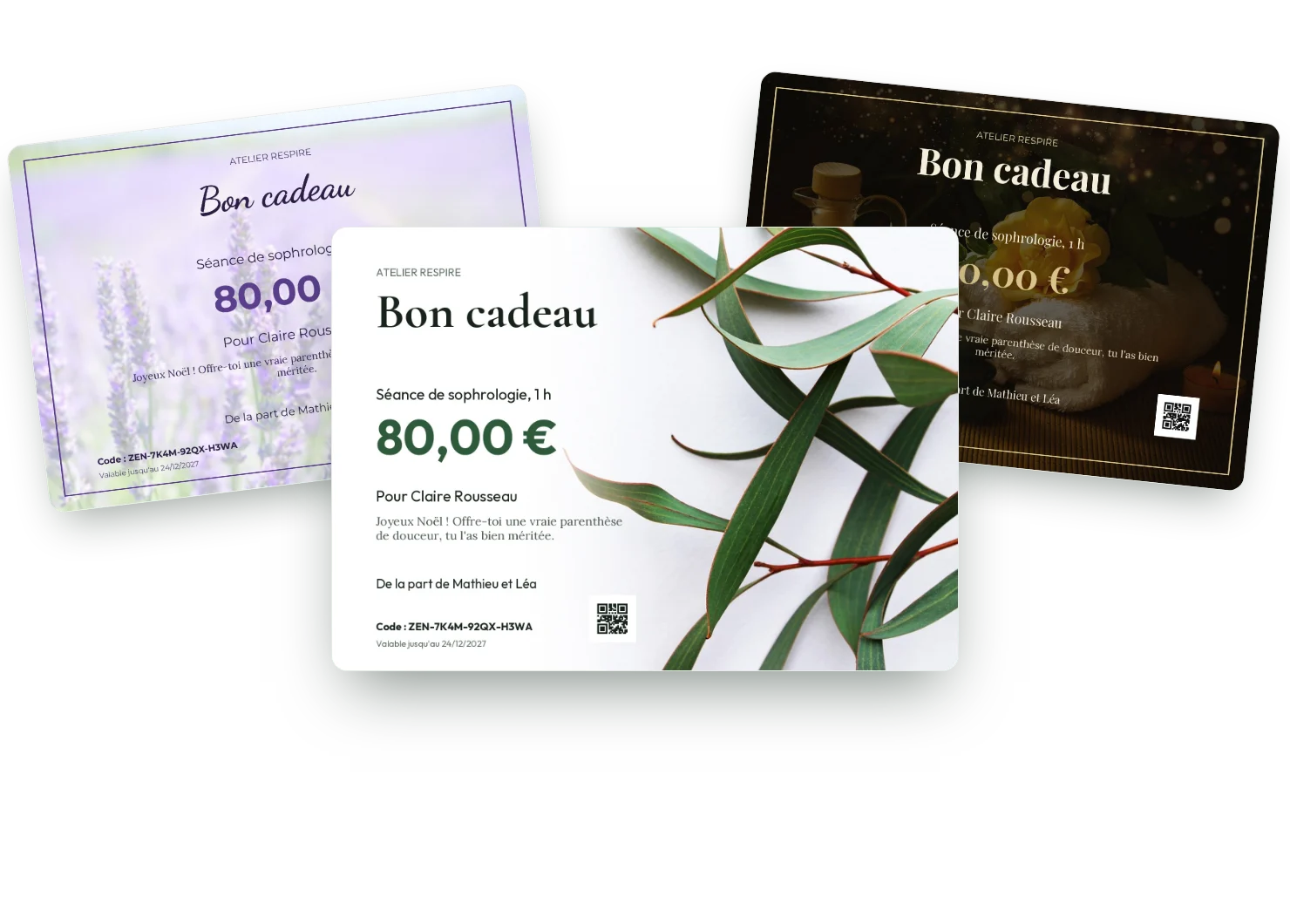 Three customizable gift voucher designs: eucalyptus, lavender, night and gold
