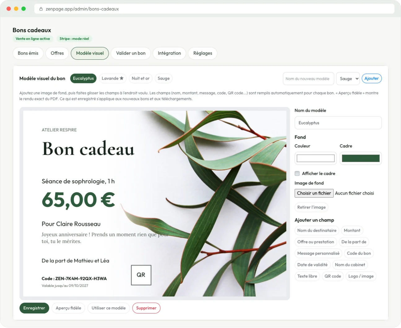 The visual gift voucher editor with an eucalyptus template