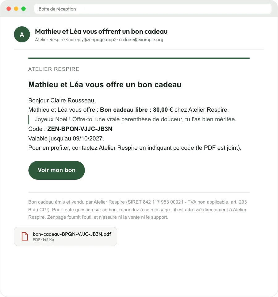 Email received by the recipient of a gift voucher, with the voucher attached as a PDF