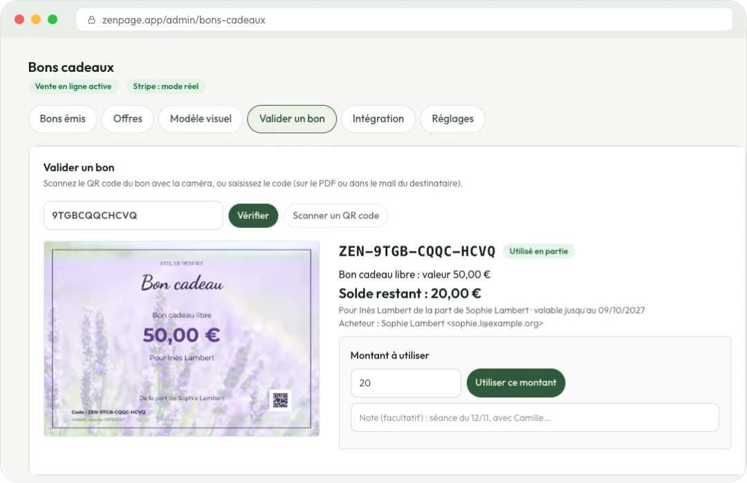 Gift voucher redemption screen with remaining balance and amount to use