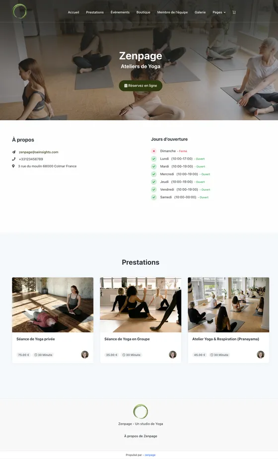 Website preview with the Sérénité theme