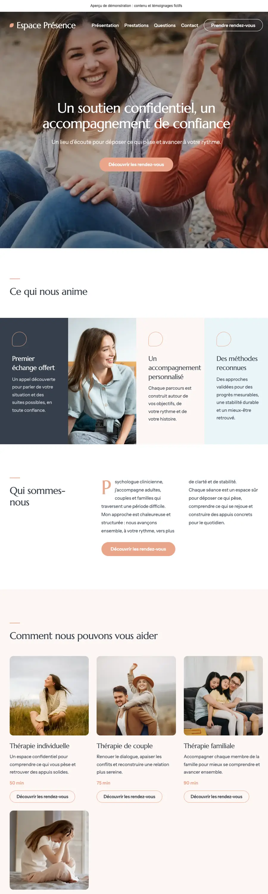 Website preview with the Présence theme