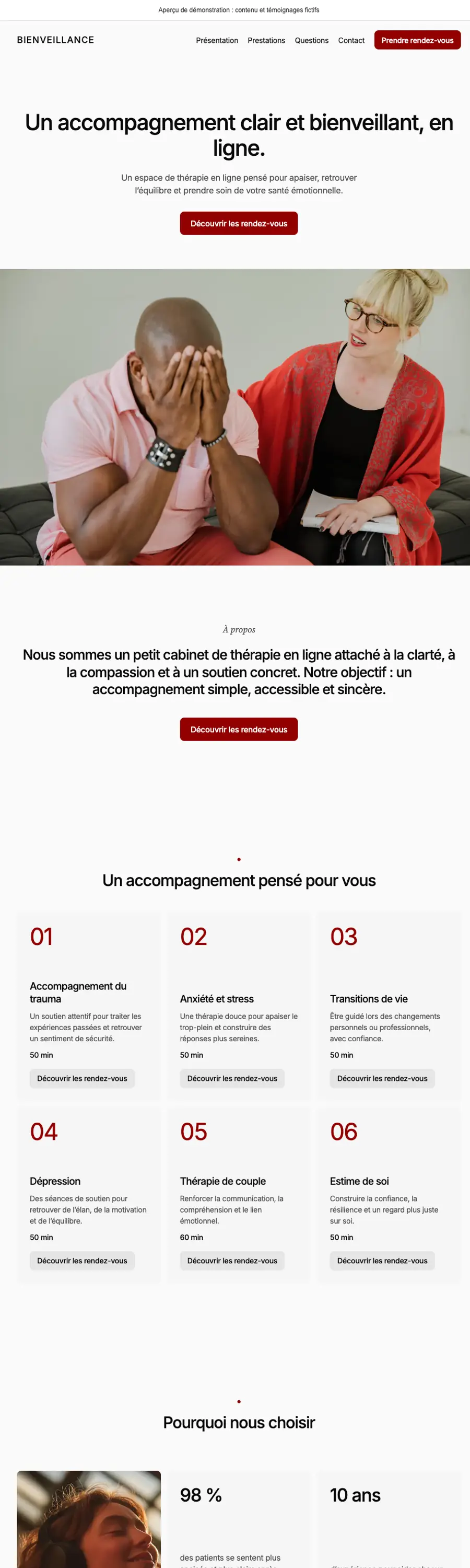 Website preview with the Bienveillance theme